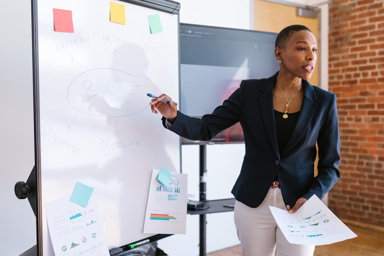 services-01 Professional businesswoman explaining budget strategy on a whiteboard during a meeting.